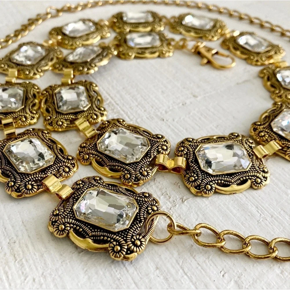 Gold Crystal Concho Chain Waist Statement Belt Formal wedding Bridal party event